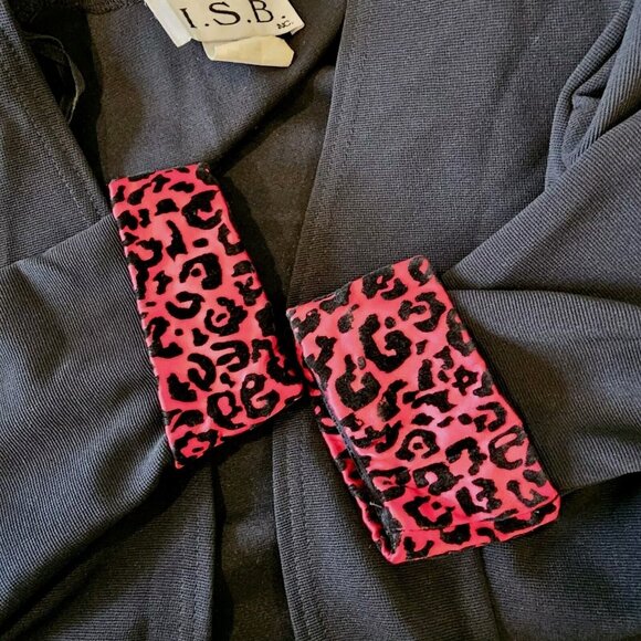Retro‎ 90s Womens Small Black Cropped Open Blazer Jacket Red Leopard Print Cuffs - Picture 3 of 8